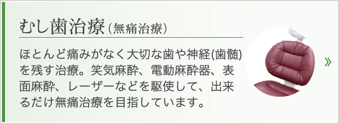 ほとんど痛みがなく大切な歯や神経(歯髄)を残す治療。笑気麻酔、電動麻酔器、表面麻酔、レーザーなどを駆使して、出来るだけ無痛治療を目指しています。